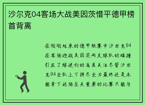 沙尔克04客场大战美因茨惜平德甲榜首背离